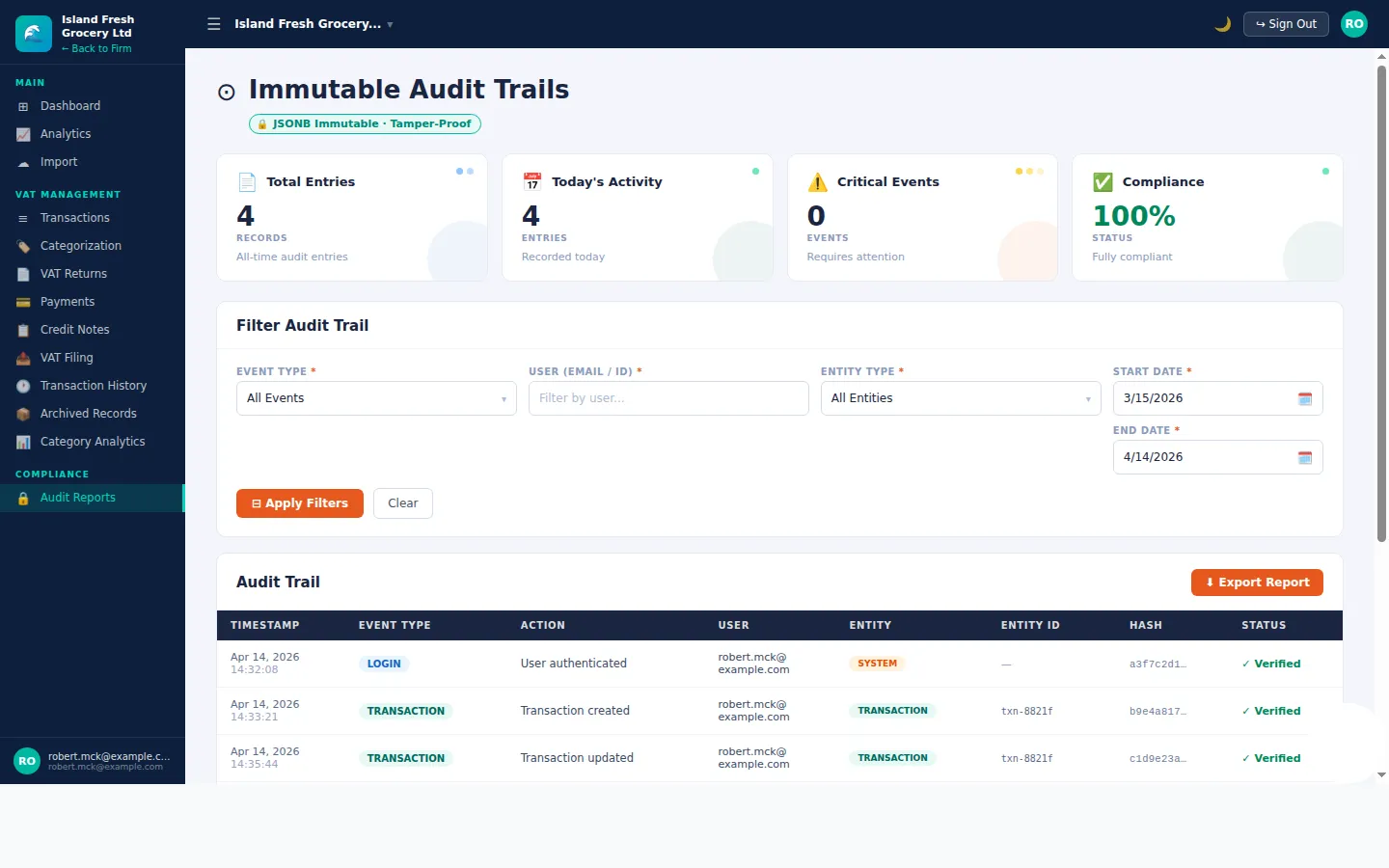 Audit Defense package showing KPI cards for total entries (4 records), today's activity (4 entries), critical events (0), and compliance (100%) — alongside a filtered audit trail table with hash-verified entries and an Export Report button