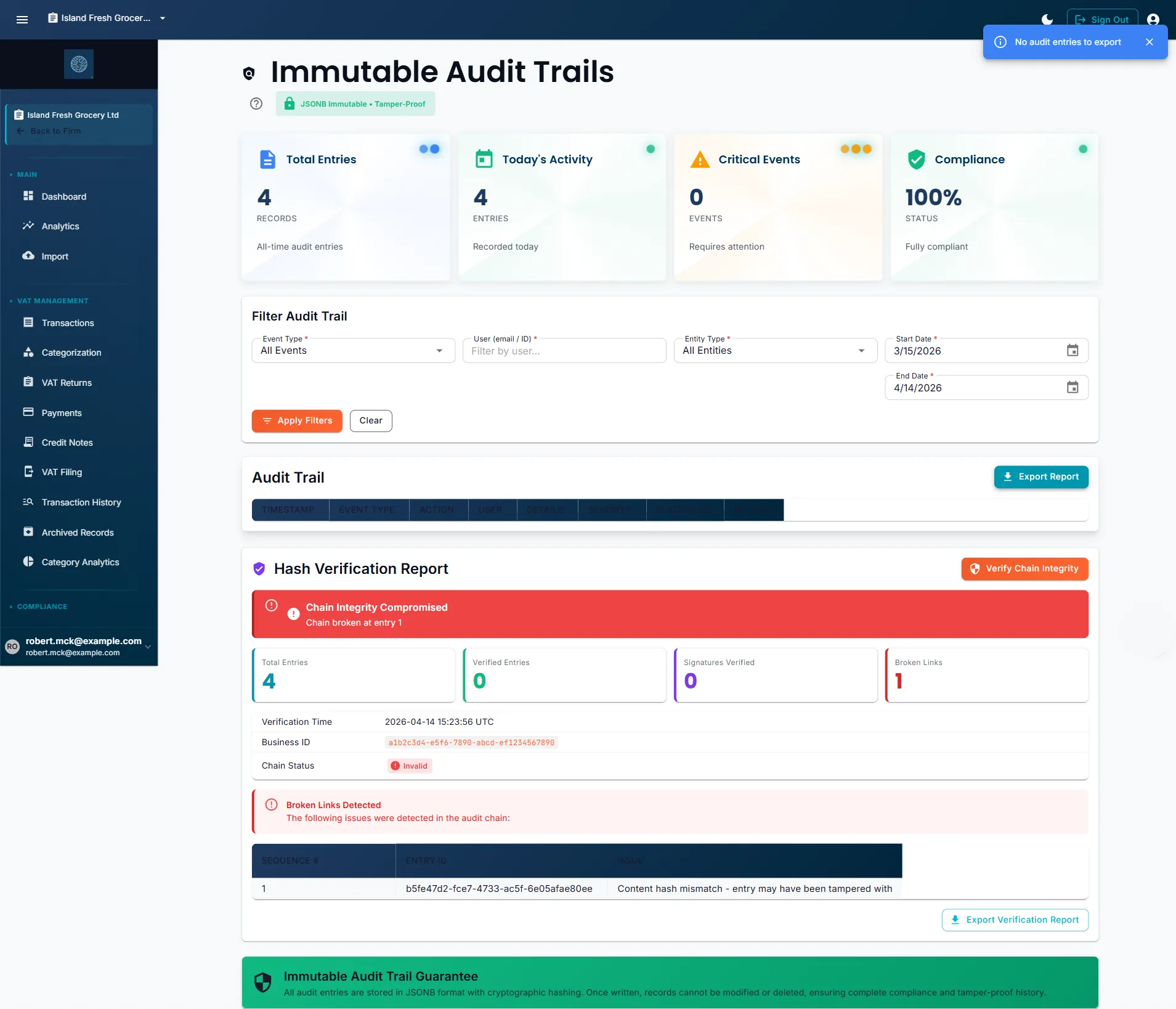 Audit trail screen displaying a broken-chain alert in red — showing the entry where tamper detection triggered, the expected hash versus the actual hash, and the number of records affected downstream