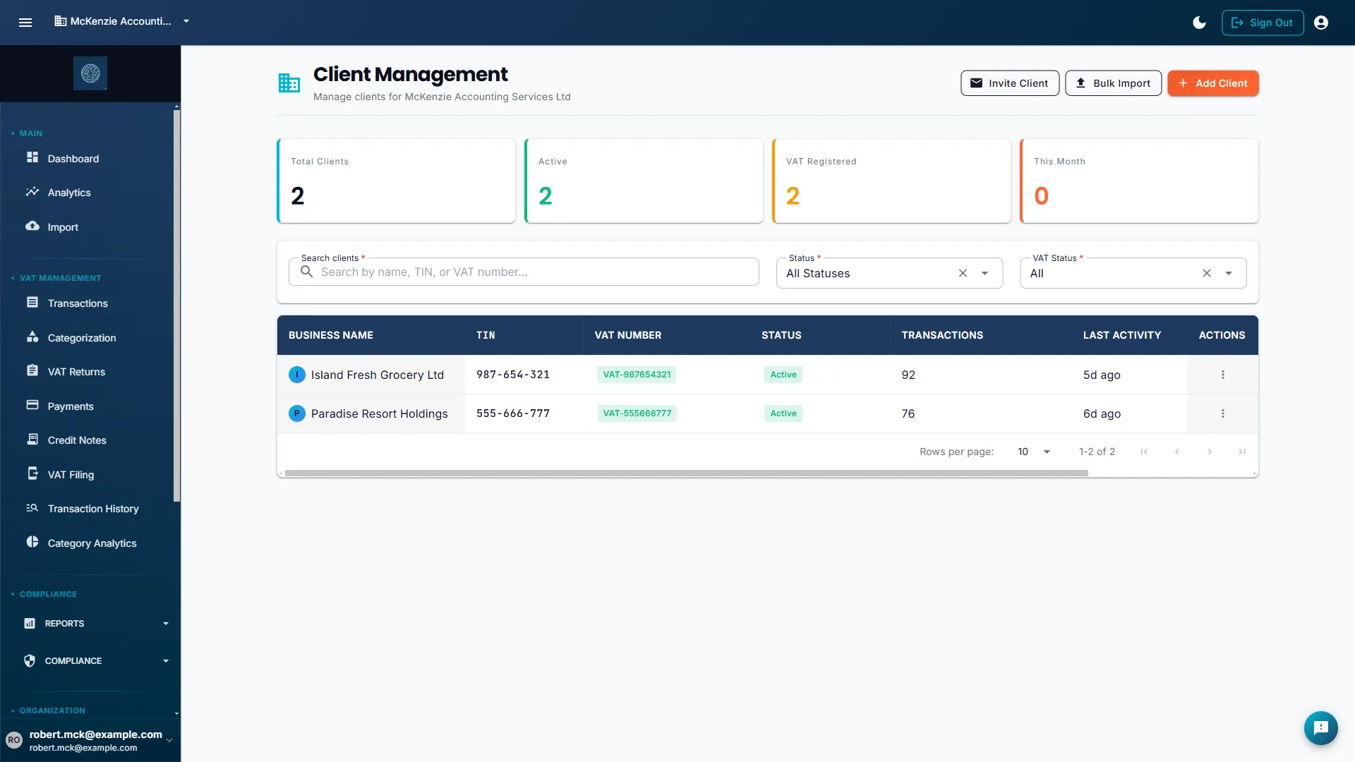 Client Management page listing two active client businesses with their TIN number, VAT registration number, total transaction count, last activity date, and buttons to view transactions or manage settings