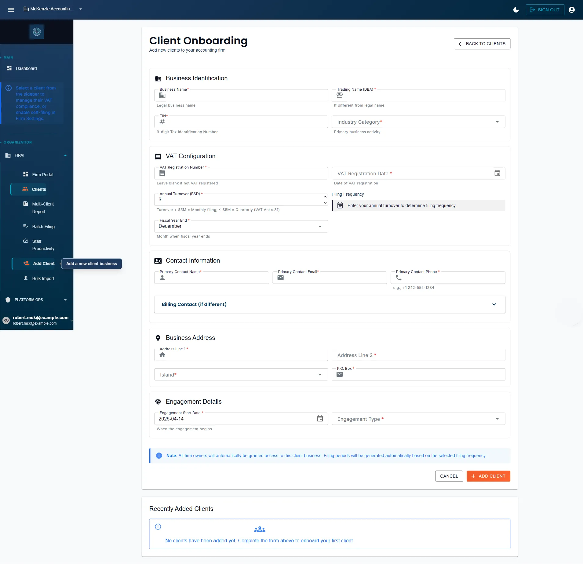Client onboarding form showing fields for business name, TIN, VAT registration number, and filing frequency — step one of adding a new client to the Firm Portal