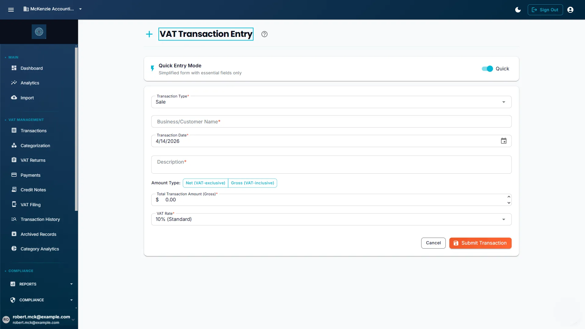 VAT Transaction Entry form with fields for date, supplier, description, net amount, VAT rate selector showing 0%, 5%, and 10% options, and a calculated VAT amount field