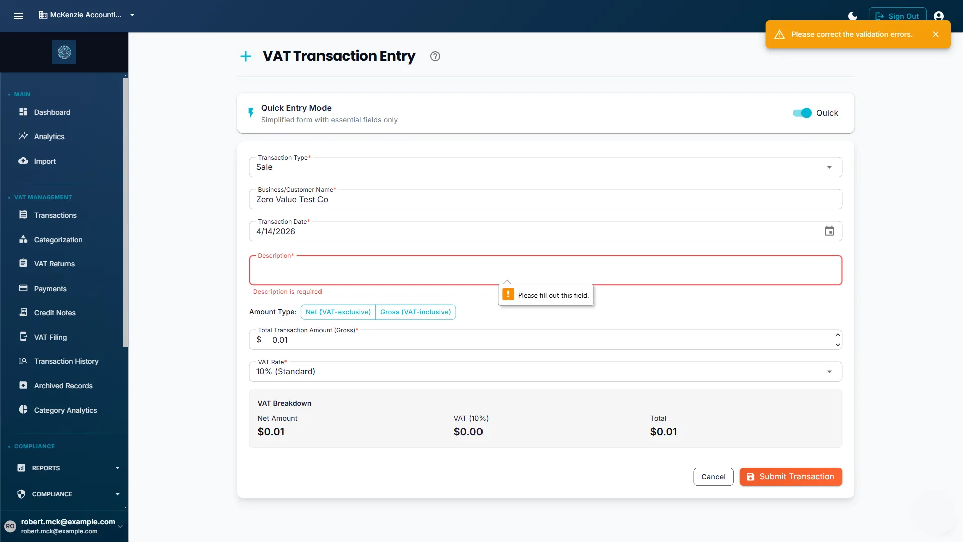 VAT Transaction Entry form showing inline validation errors — a red warning banner indicating a rate mismatch on a grocery item classified as 10% but expected to be 0%, with a suggested correction link